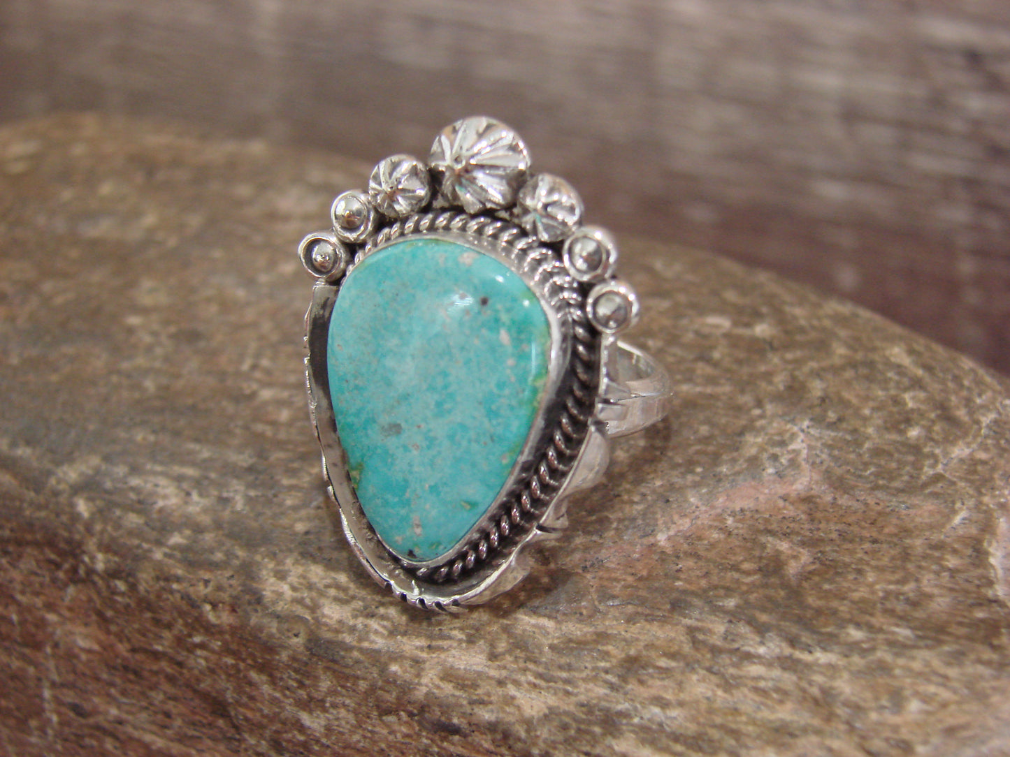 Native American Sterling Silver & Sonoran Turquoise Ring by Benally - Size 7