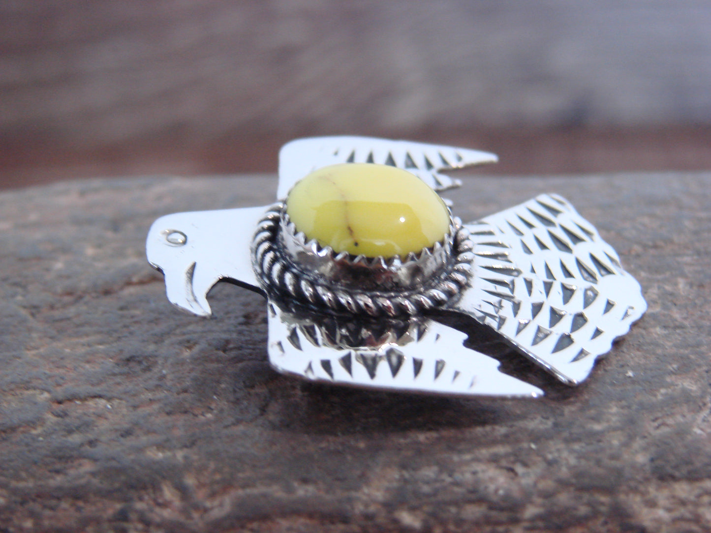 Native American Nickel Silver & Yellow Marble Thunderbird Pin - Cleveland