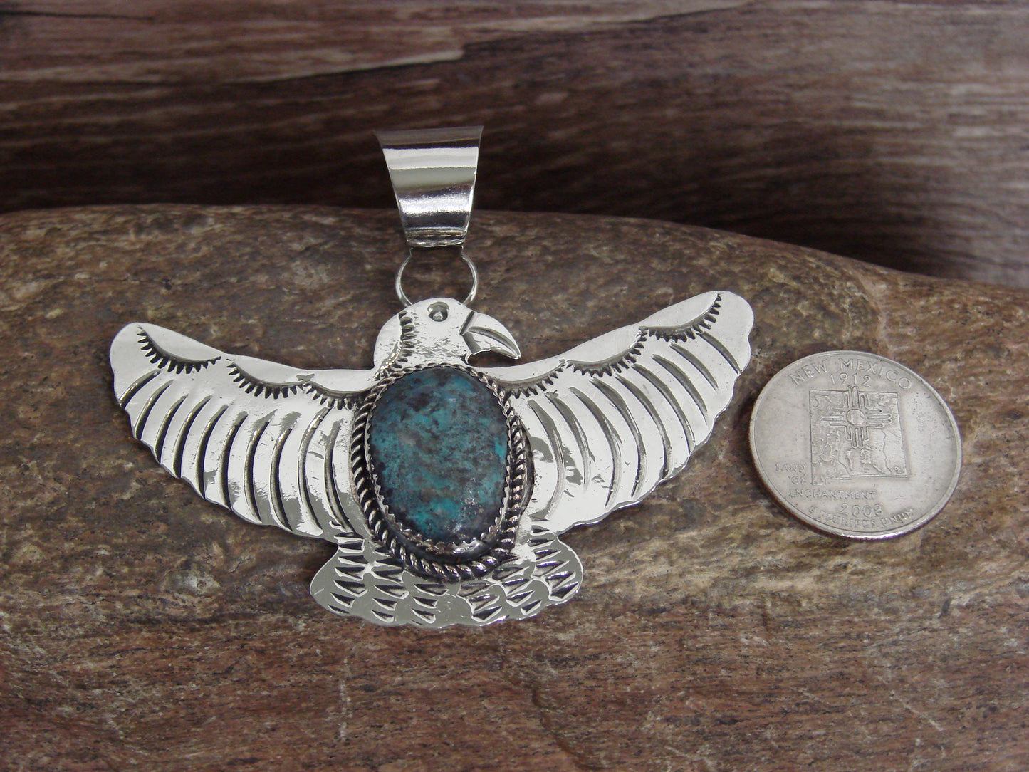 Native American Nickel Silver & Turquoise Eagle Pendant - Cleveland