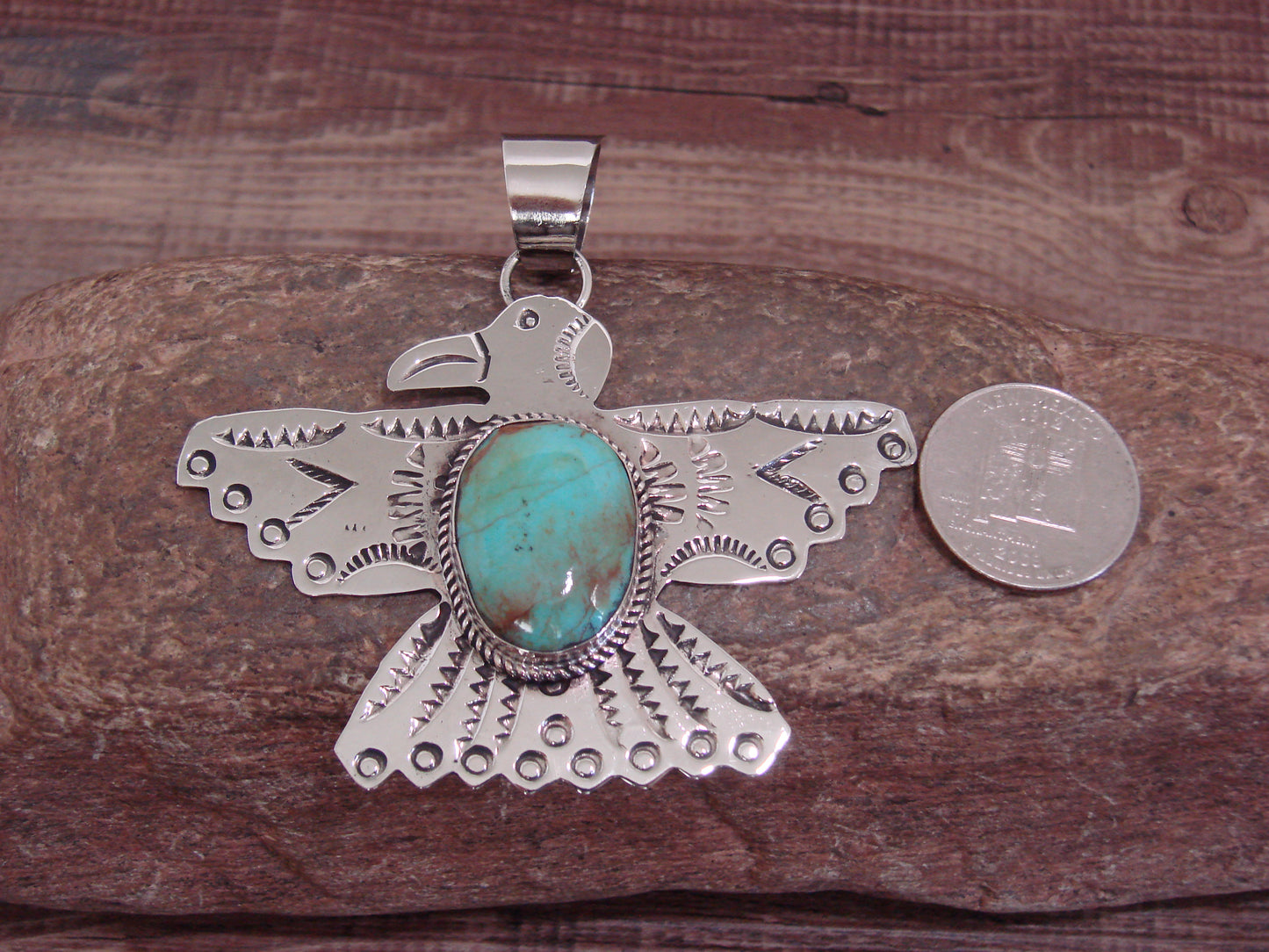 Native American Nickel Silver & Turquoise Eagle Pendant - Cleveland