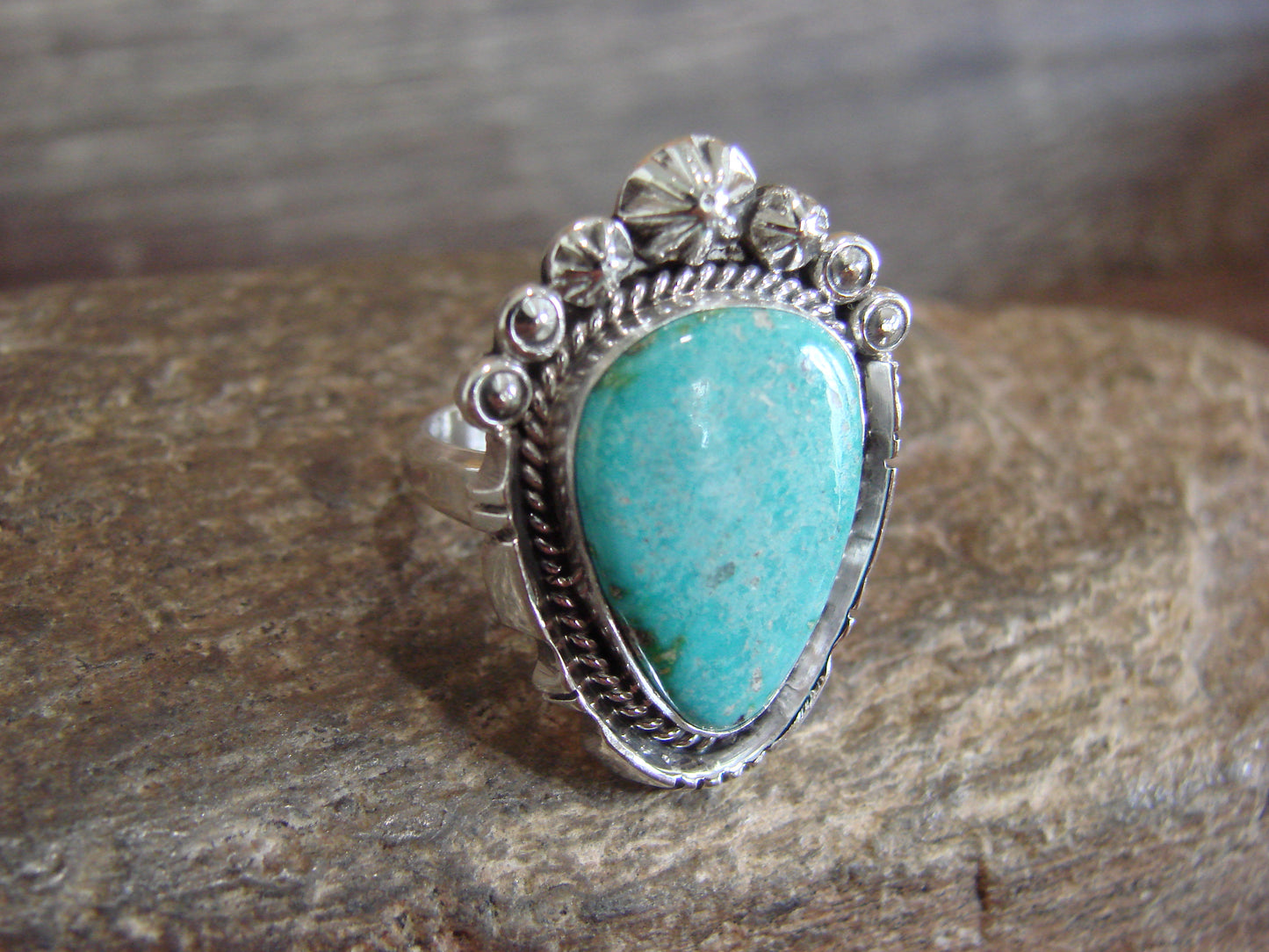 Native American Sterling Silver & Sonoran Turquoise Ring by Benally - Size 7