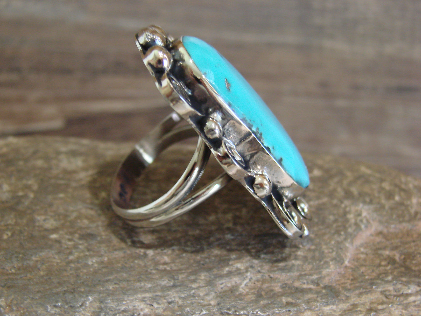 Native American Nickel Silver & Turquoise Ring by Cleveland - Size 10.5