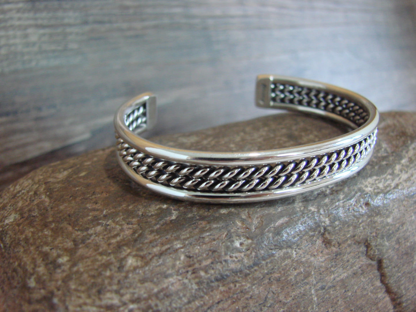 Native American Navajo Indian 3/8" Twisted Sterling Silver Bracelet by Tahe