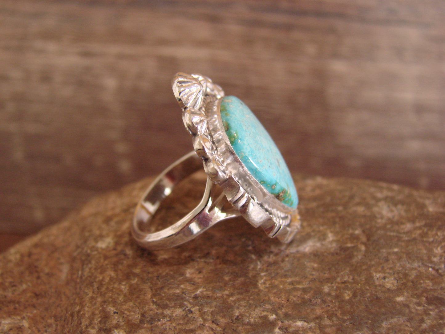 Native American Sterling Silver & Sonoran Turquoise Ring by Benally - Size 7