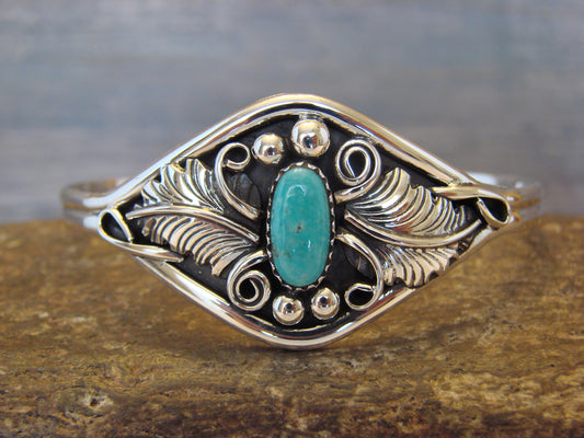 Small Native American Sterling Silver & Turquoise Feather Bracelet Yazzie