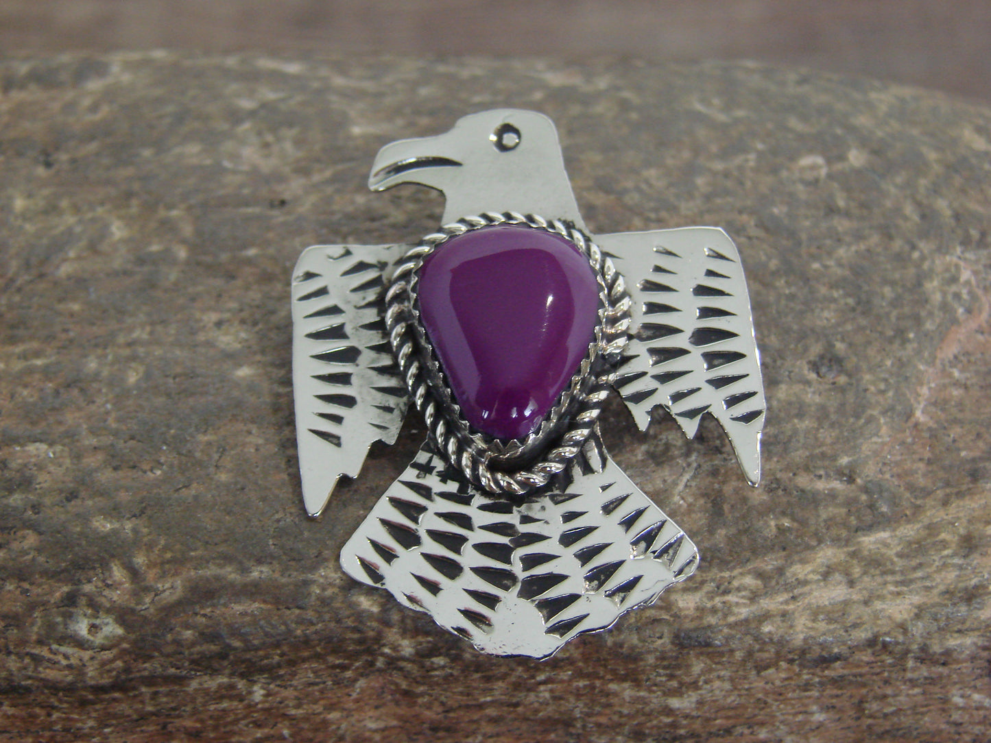 Native American Nickel Silver & Purple Spiny Oyster Thunderbird Pin - Cleveland