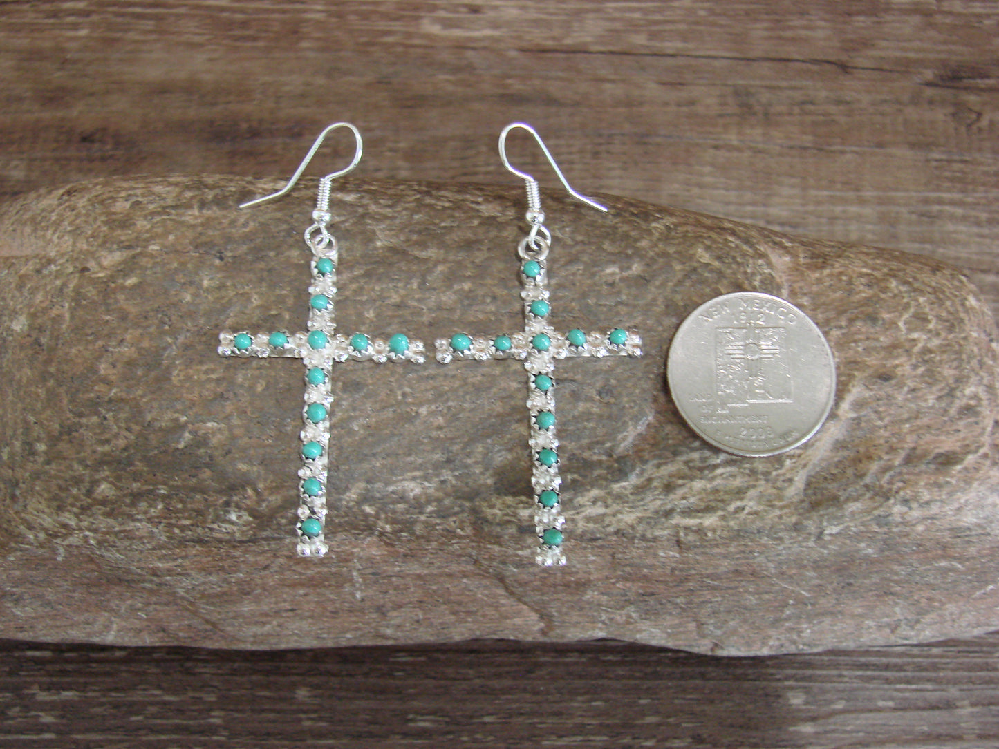 Native American Sterling Silver Turquoise Cross Dangle Earrings By Kaammasee