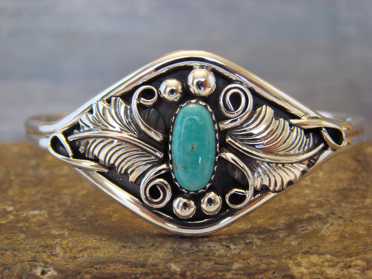 Small Native American Sterling Silver & Turquoise Feather Bracelet Yazzie