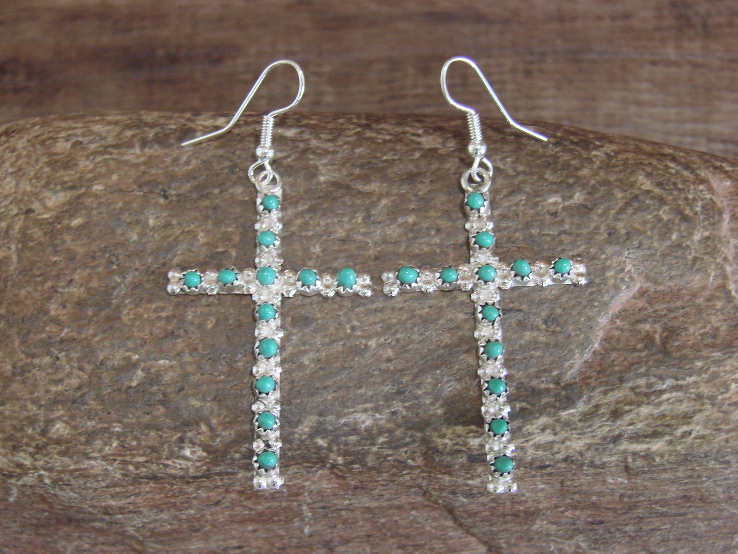Native American Sterling Silver Turquoise Cross Dangle Earrings By Kaammasee