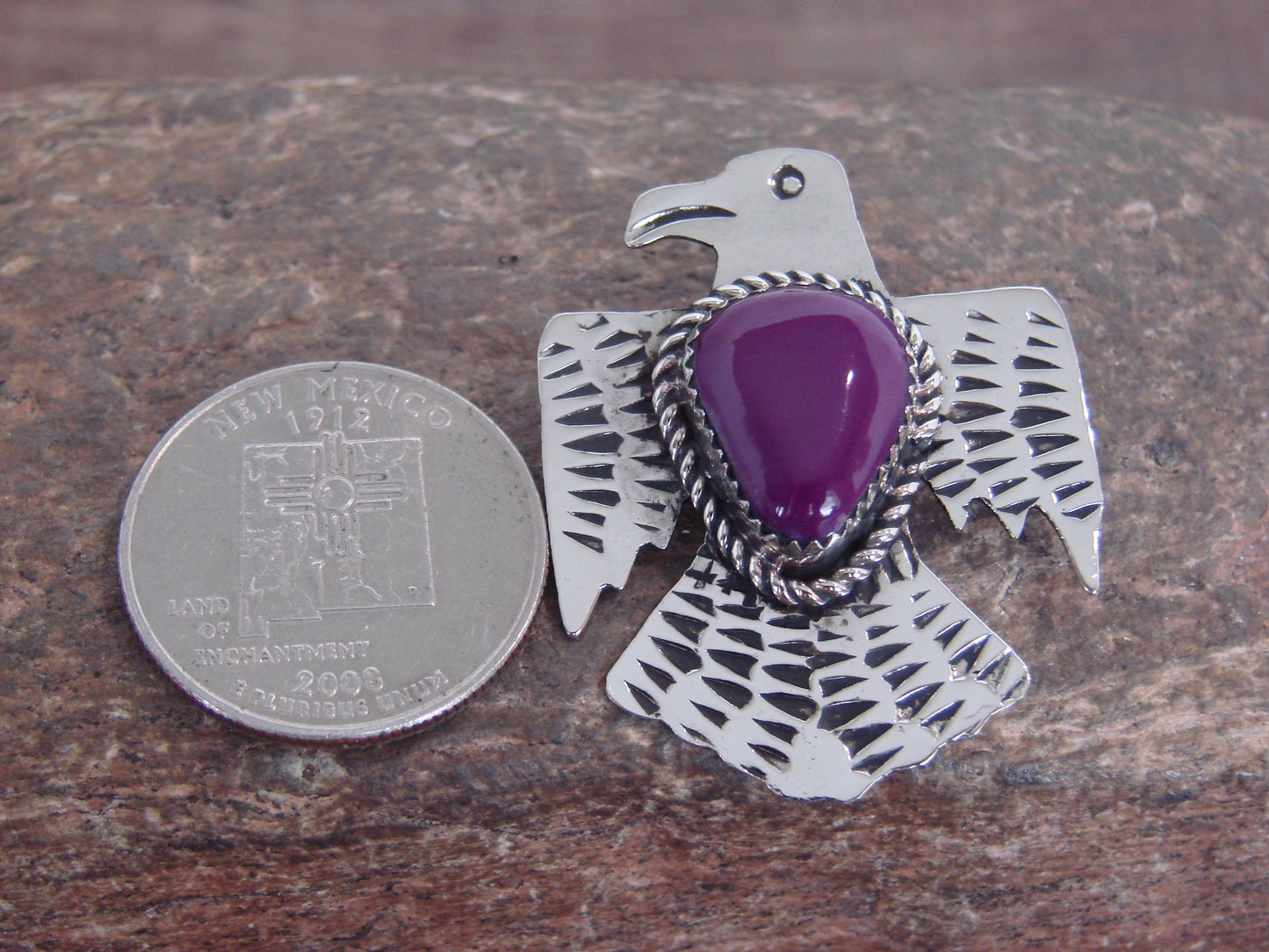 Native American Nickel Silver & Purple Spiny Oyster Thunderbird Pin - Cleveland