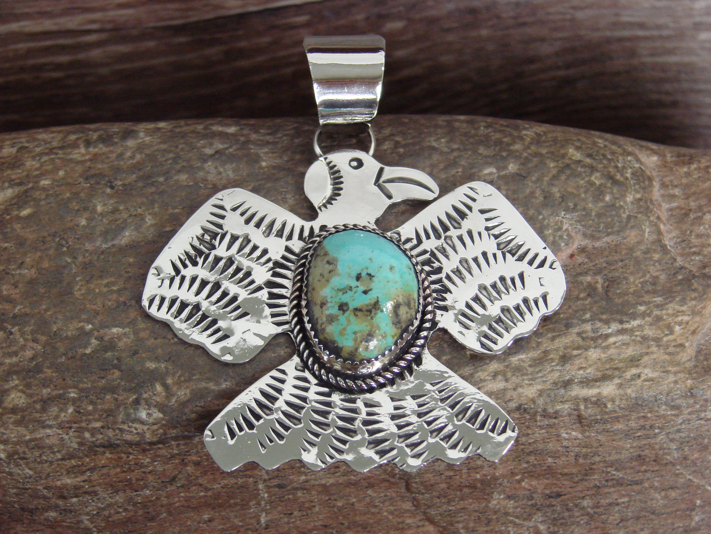 Native American Nickel Silver & Turquoise Thunderbird Pendant - Cleveland