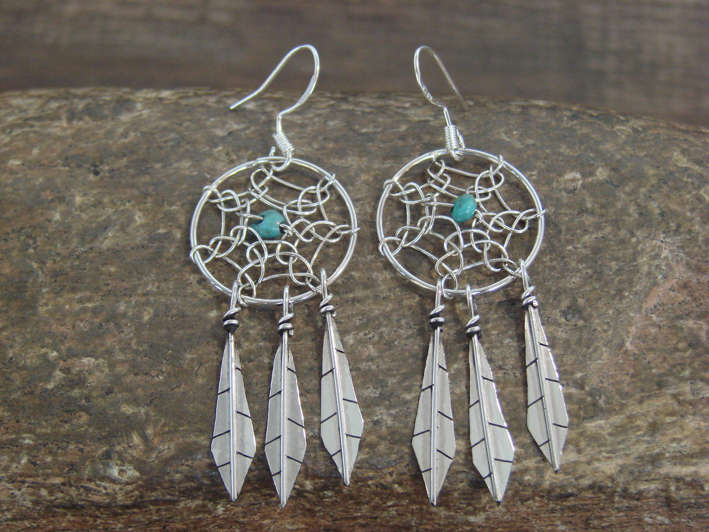 Native American Sterling Silver Turquoise Dream Catcher Dangle Earrings - Arviso
