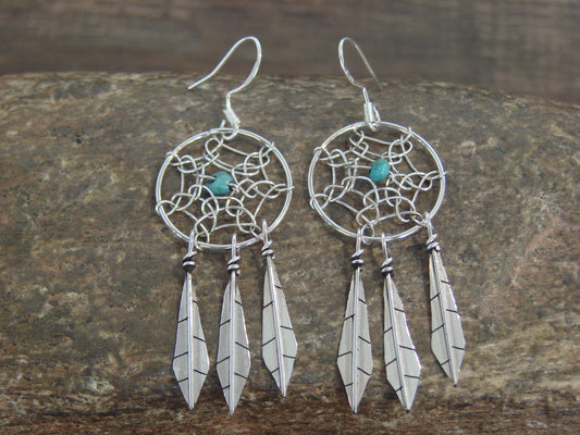 Native American Sterling Silver Turquoise Dream Catcher Dangle Earrings - Arviso