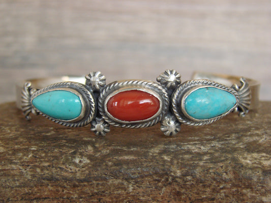 Native American Sterling Silver Turquoise & Coral Row Bracelet by Yazzie
