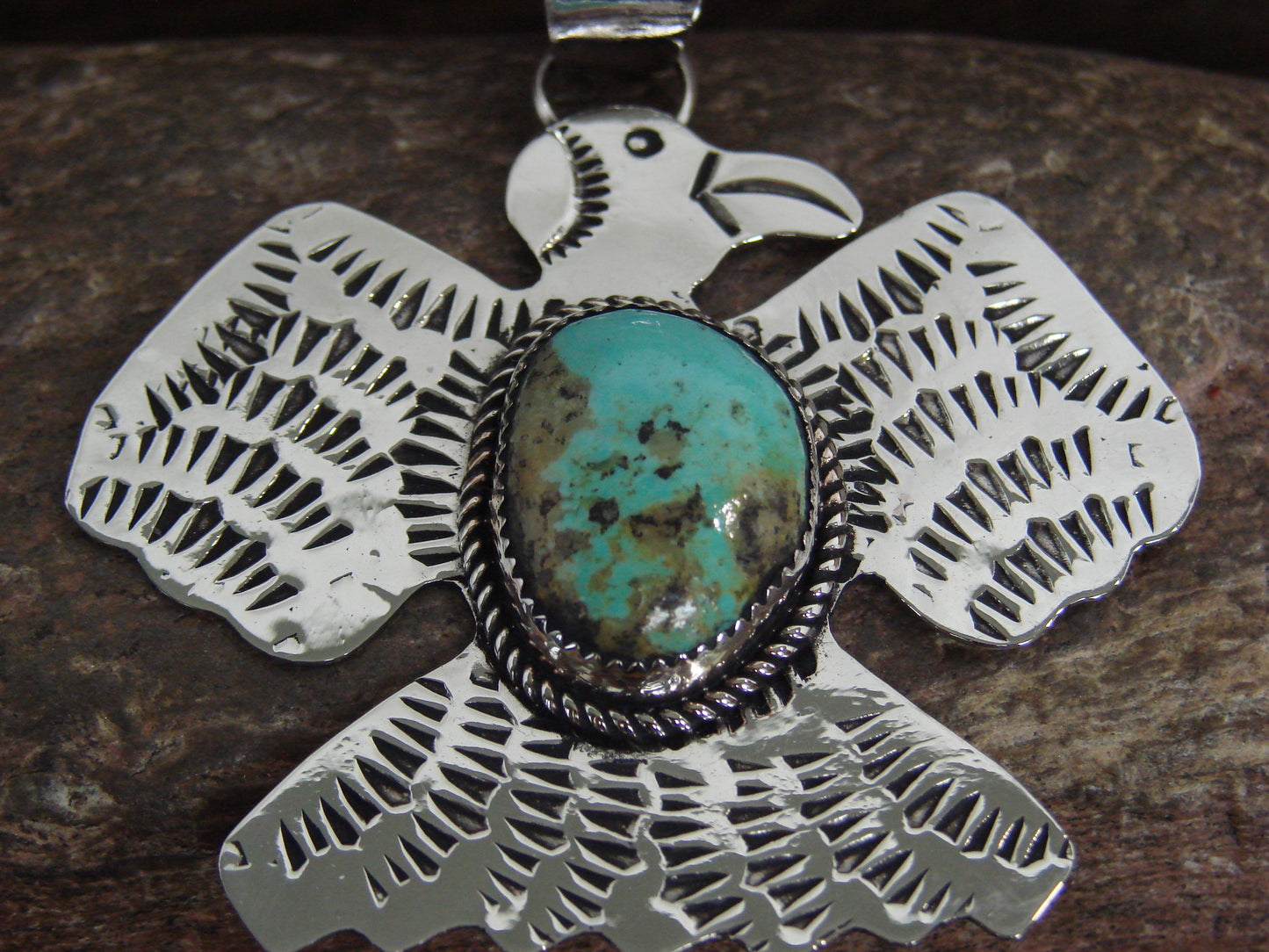 Native American Nickel Silver & Turquoise Thunderbird Pendant - Cleveland