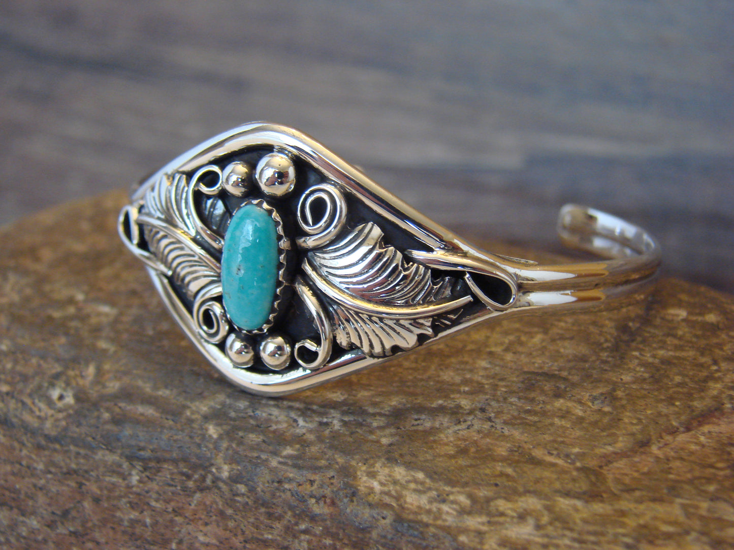 Small Native American Sterling Silver & Turquoise Feather Bracelet Yazzie