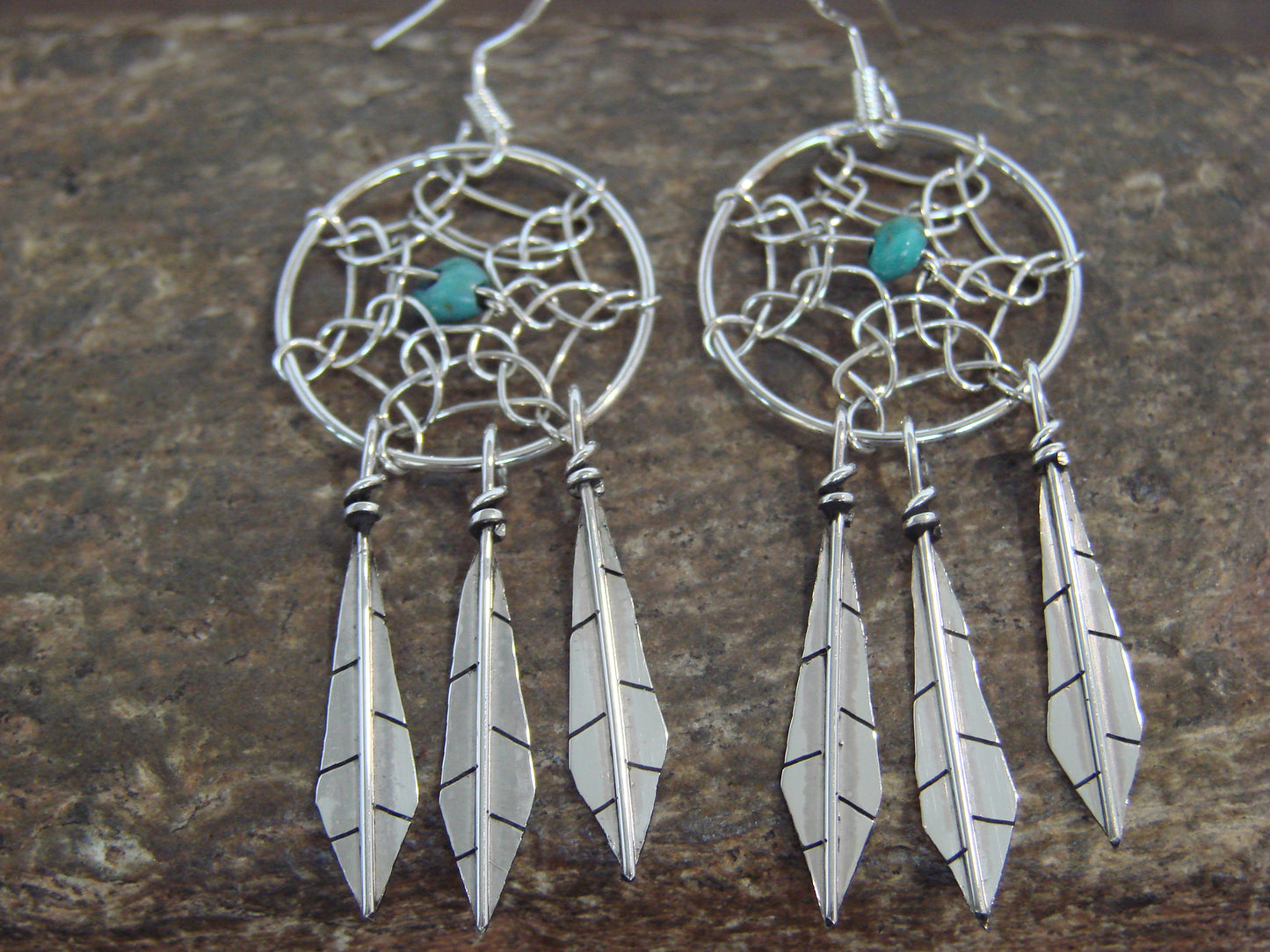 Native American Sterling Silver Turquoise Dream Catcher Dangle Earrings - Arviso