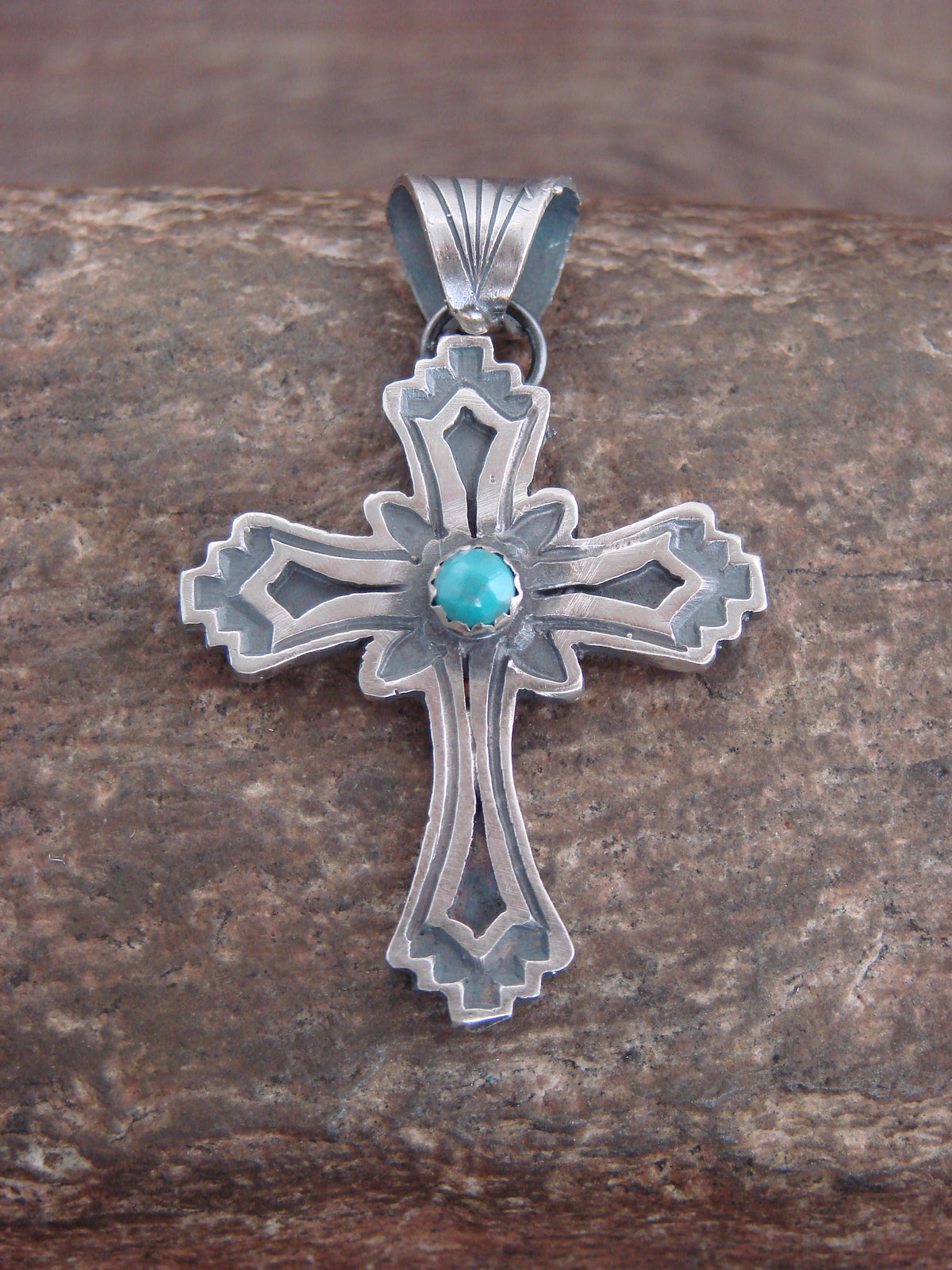 Native American Sterling Silver & Turquoise Cross Pendant - Martinez