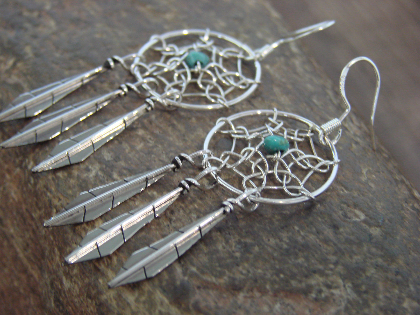Native American Sterling Silver Turquoise Dream Catcher Dangle Earrings - Arviso