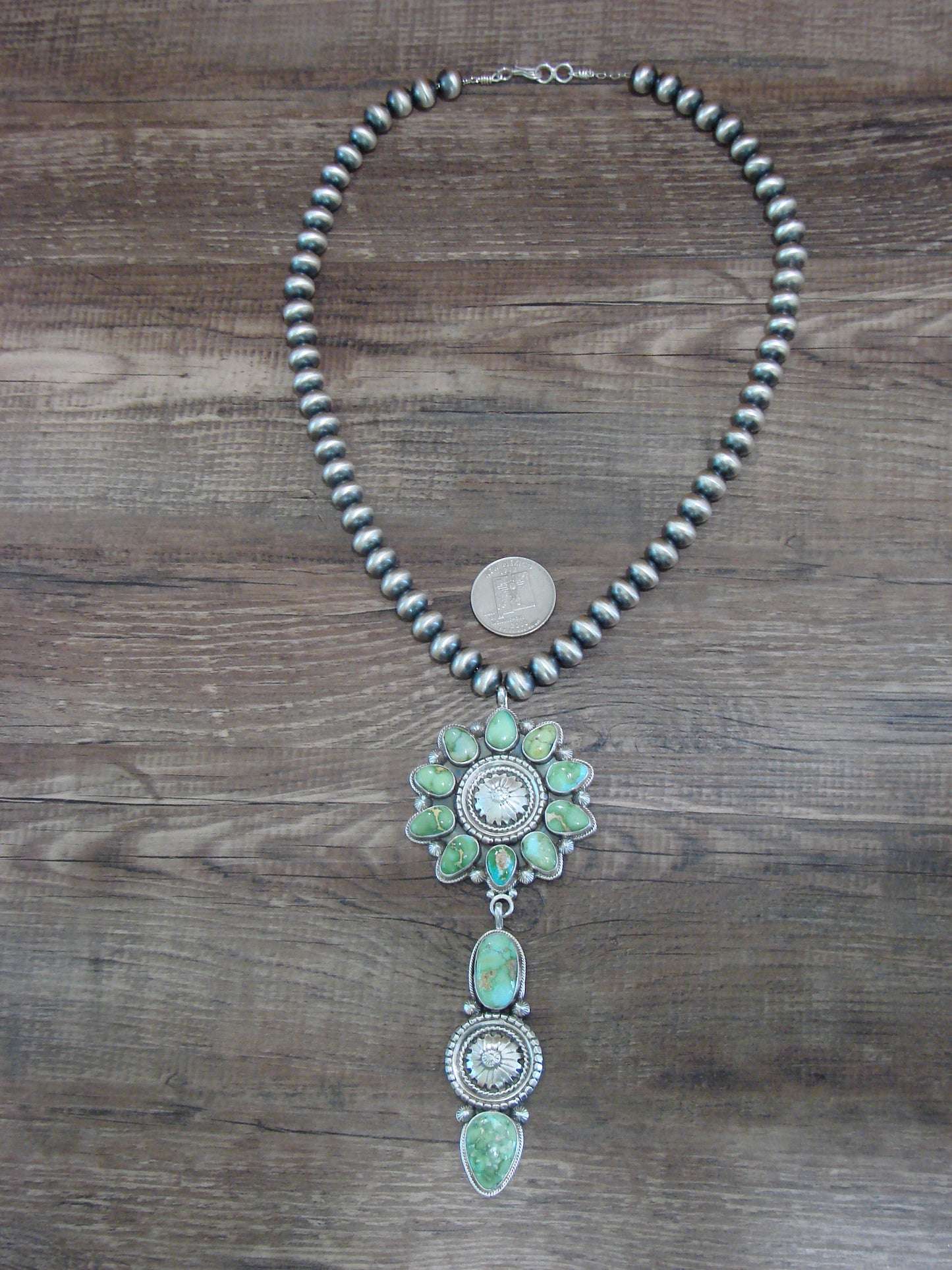 Native American 21" Sterling Silver & Turquoise Navajo Pearl Necklace By Lewis