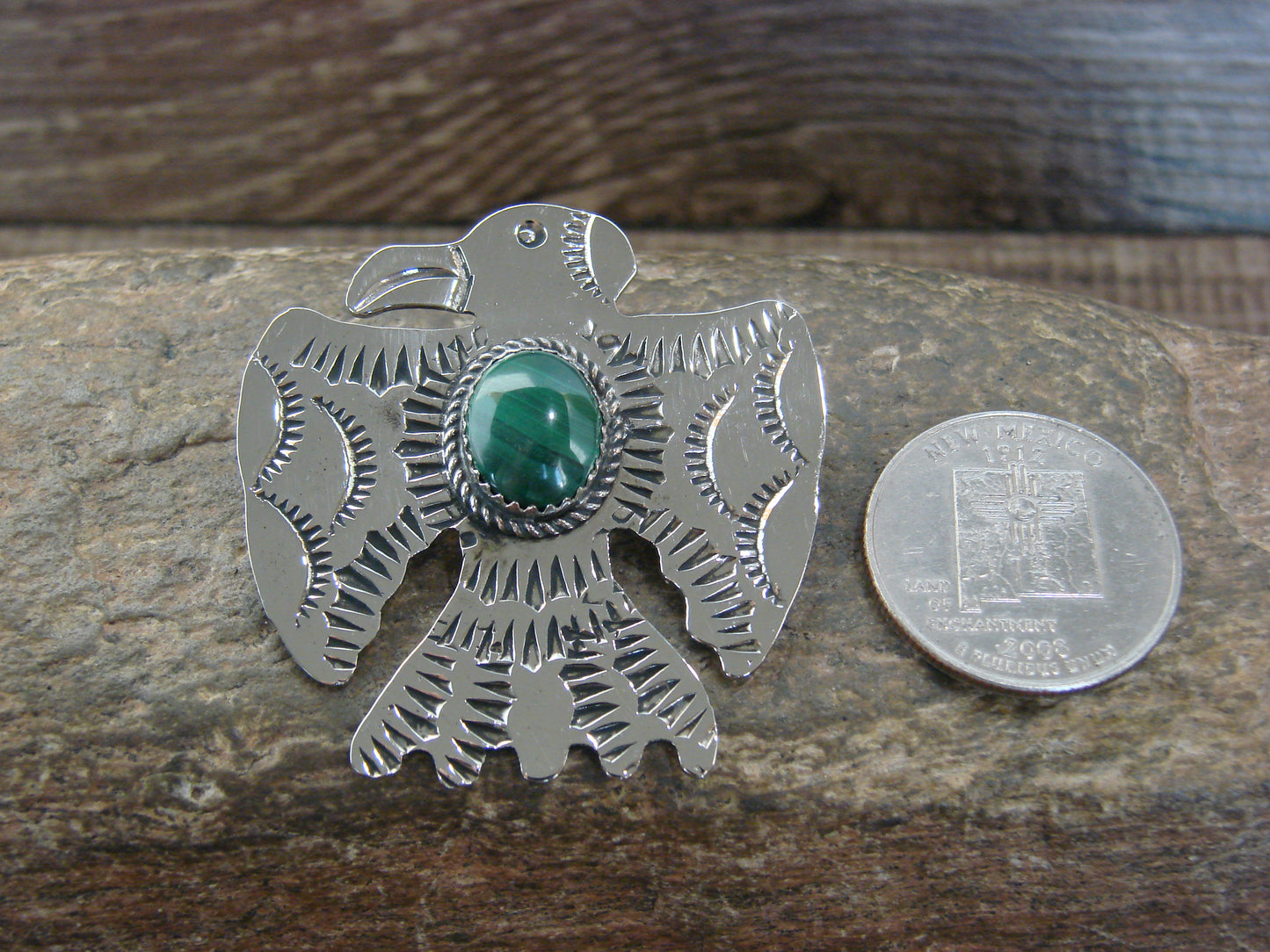 Native American Nickel Silver & Gaspeite Thunderbird Pendant - Cleveland