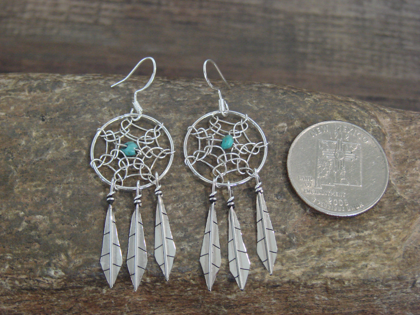 Native American Sterling Silver Turquoise Dream Catcher Dangle Earrings - Arviso
