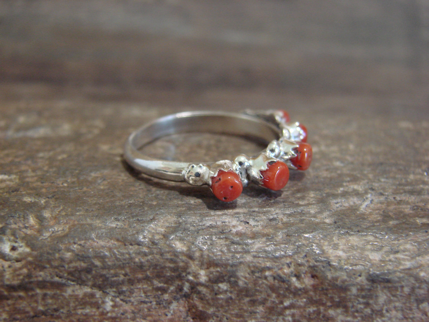Native American Sterling Silver Coral Row Ring by Laate - Size 7