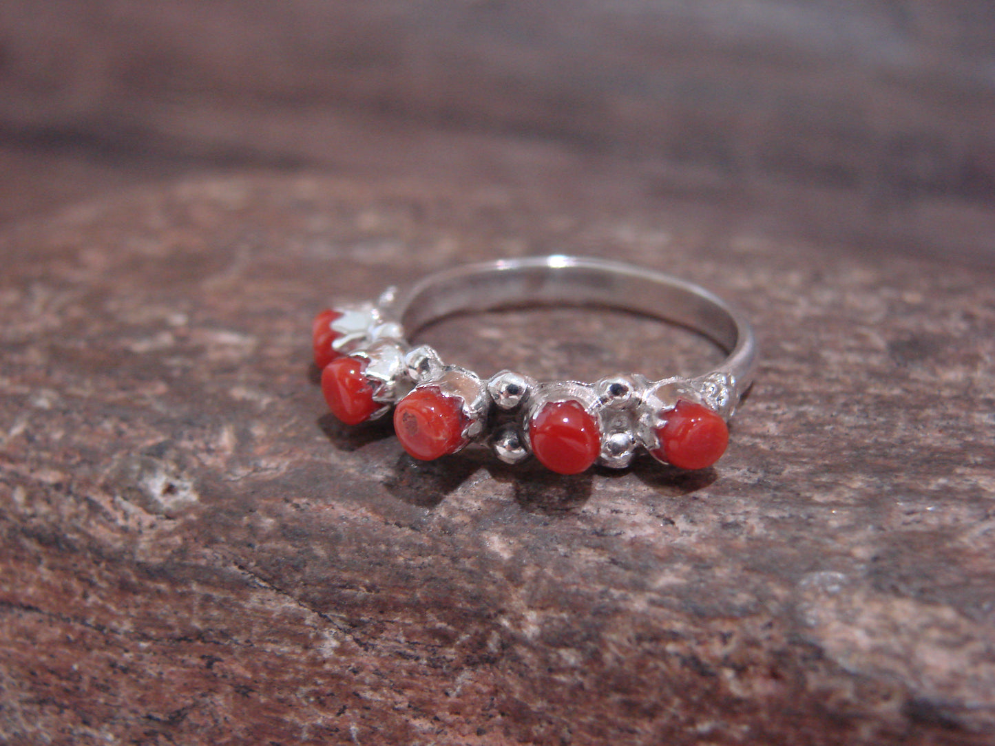 Native American Sterling Silver Coral Row Ring by Laate - Size 7