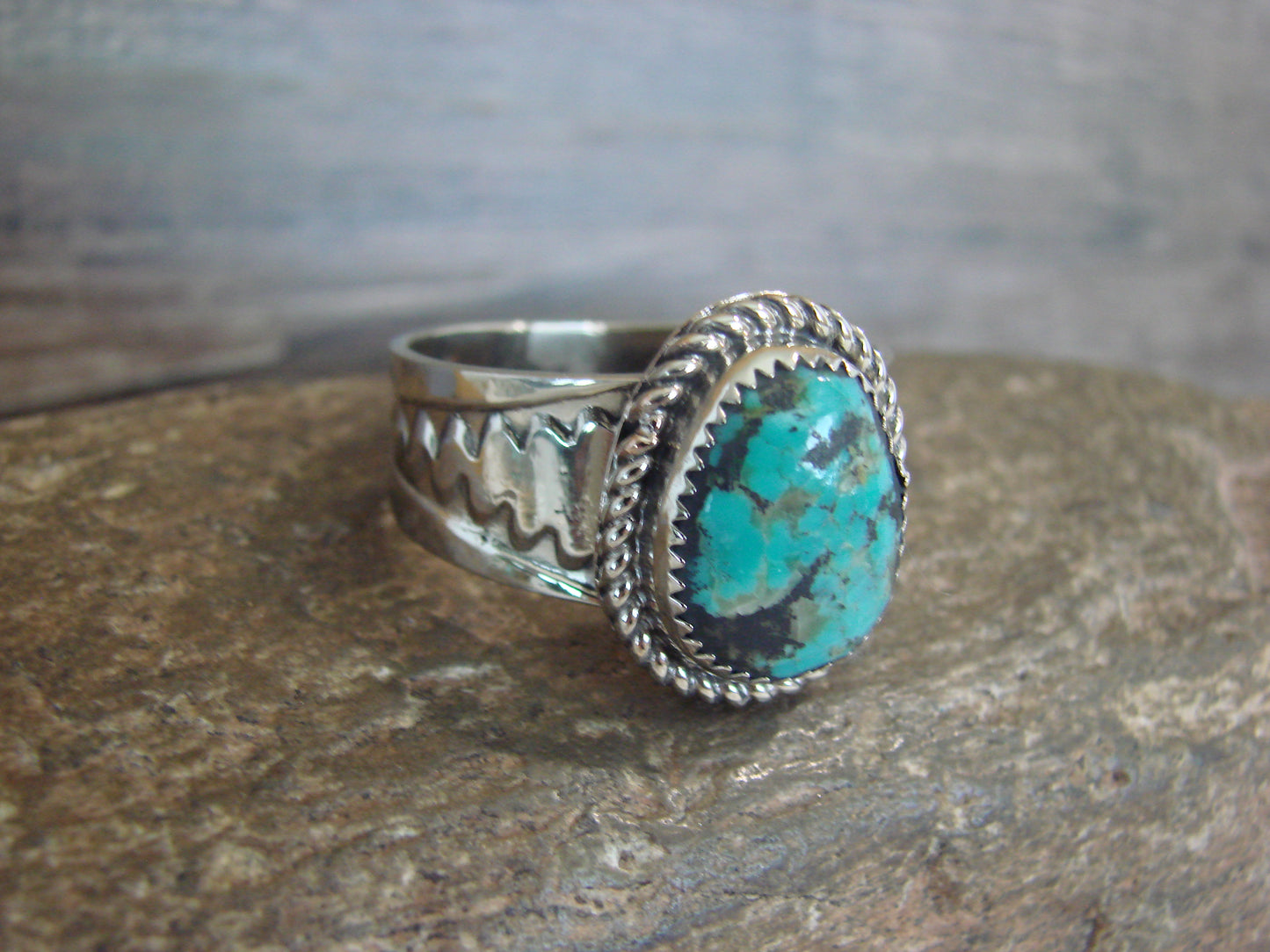 Native American Nickel Silver & Turquoise Scarf Ring by Cleveland