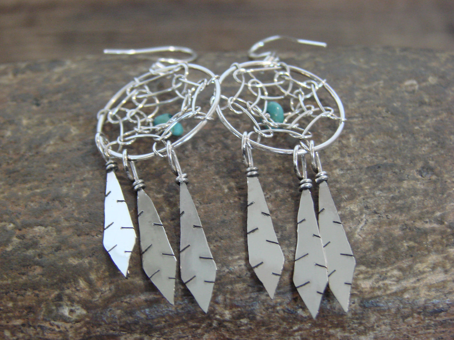 Native American Sterling Silver Turquoise Dream Catcher Dangle Earrings - Arviso