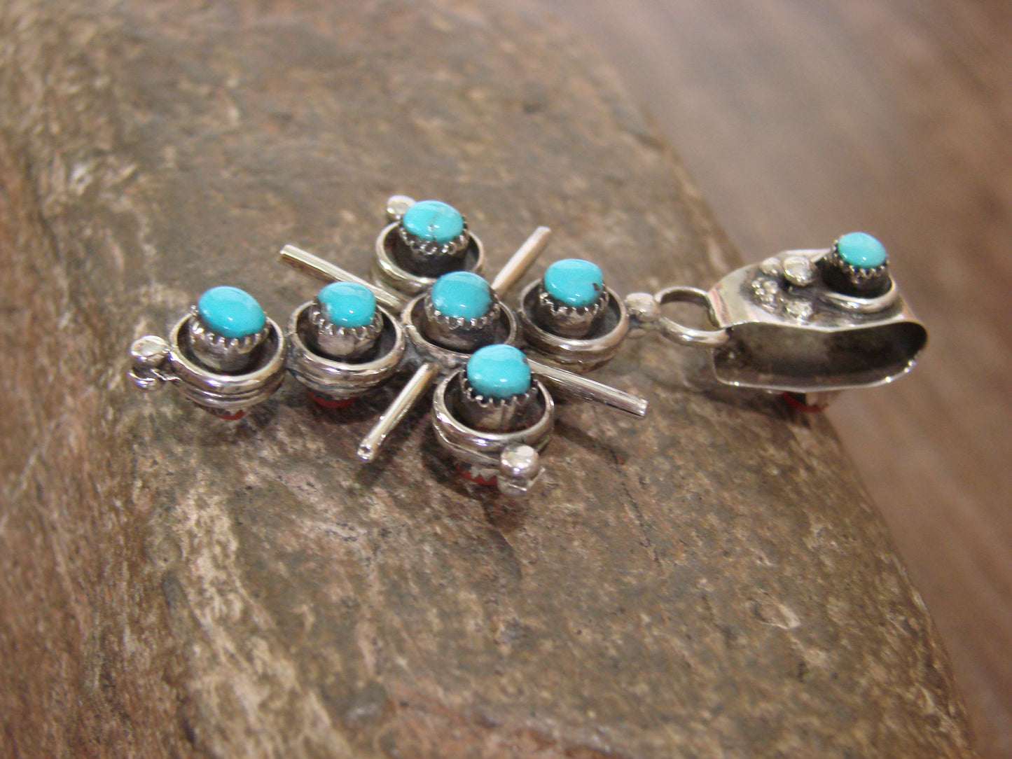 Native American Sterling Silver Reversible Turquoise & Coral Cross Pendant - Booqua