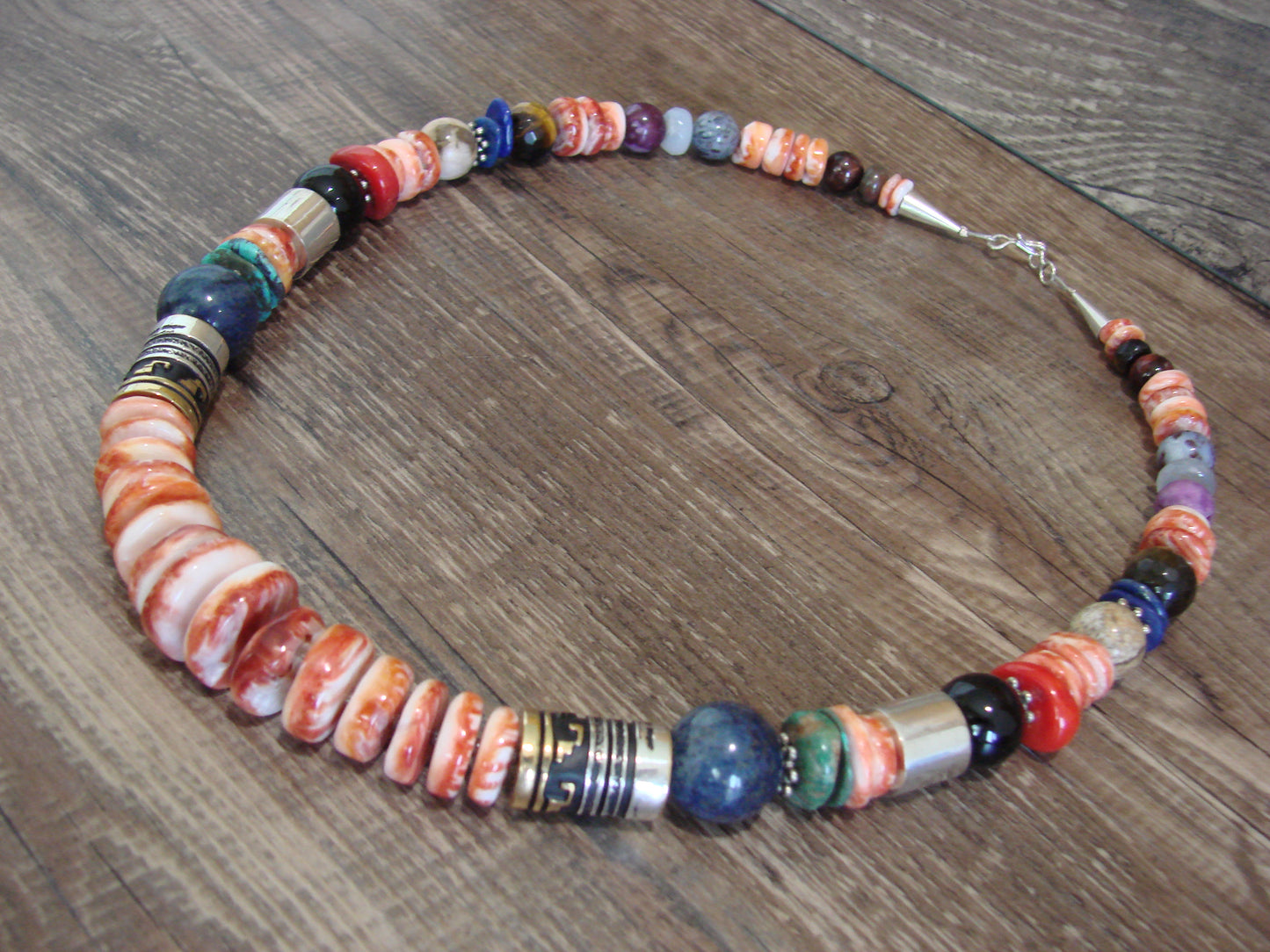 Native American Sterling Silver & Spiny Oyster 21" Gemstone Necklace by Singer