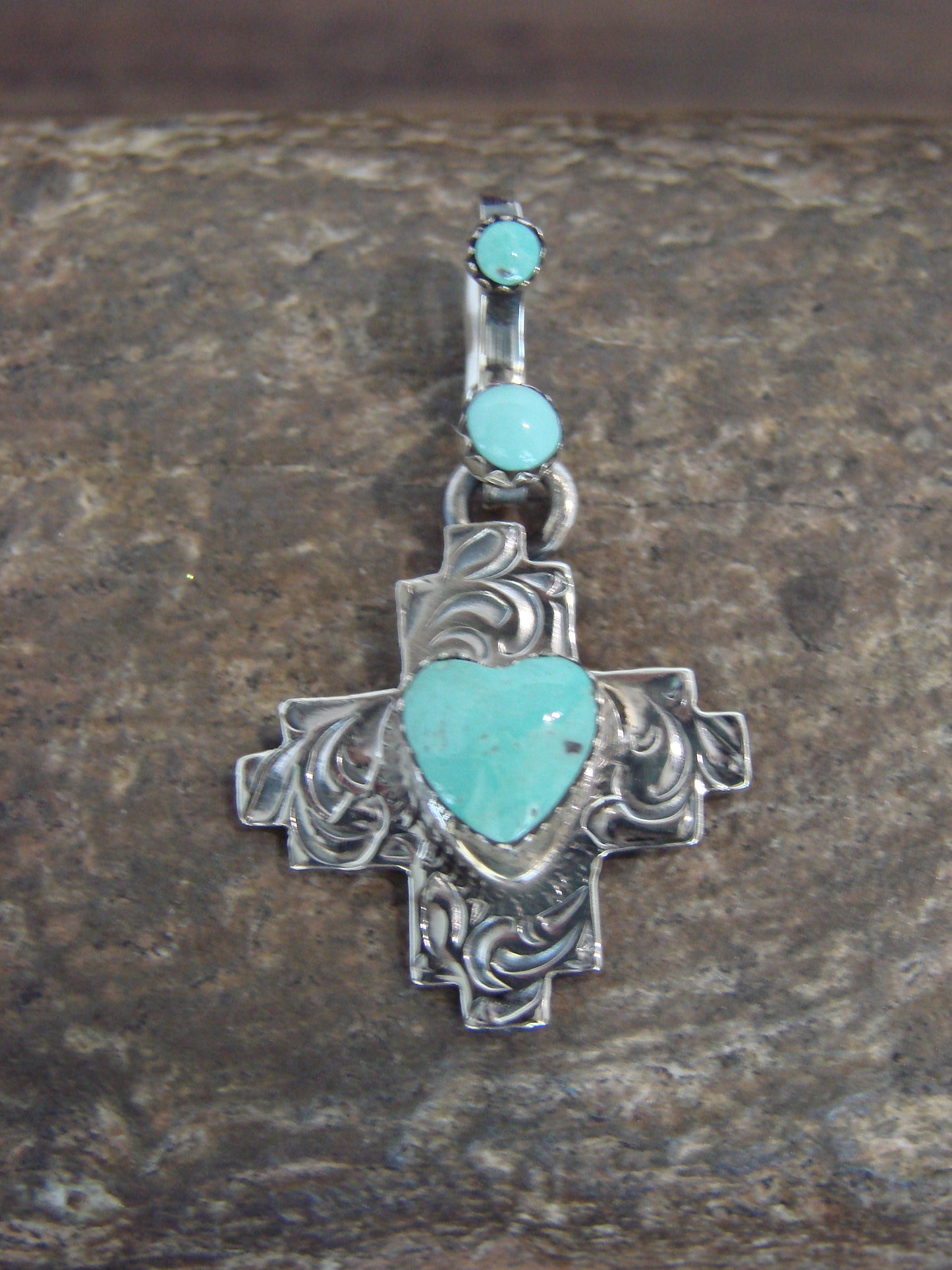 Native American Sterling Silver & Turquoise Heart Zia Pendant by Lee