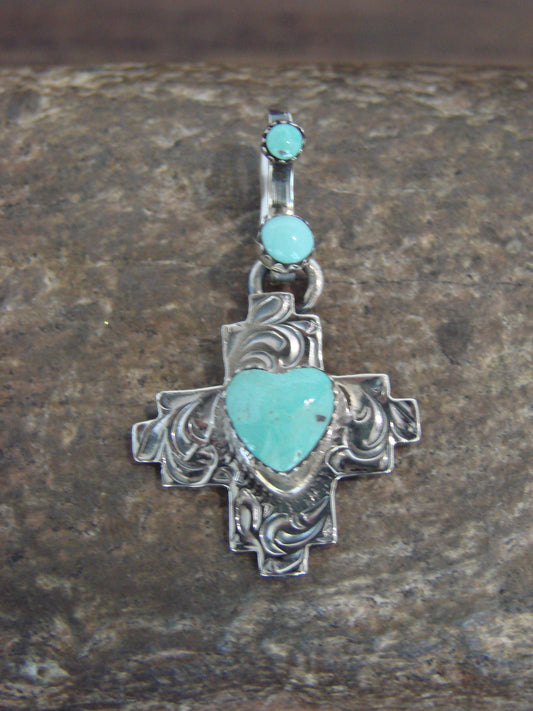 Native American Sterling Silver & Turquoise Heart Zia Pendant by Lee