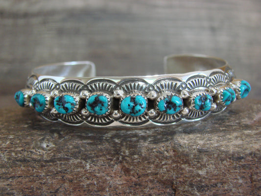 Native American Sterling Silver & Turquoise Row Bracelet Signed GS