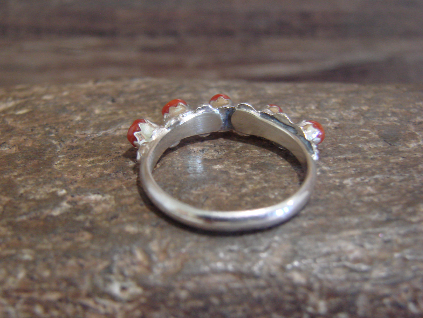 Native American Sterling Silver Coral Row Ring by Laate - Size 7