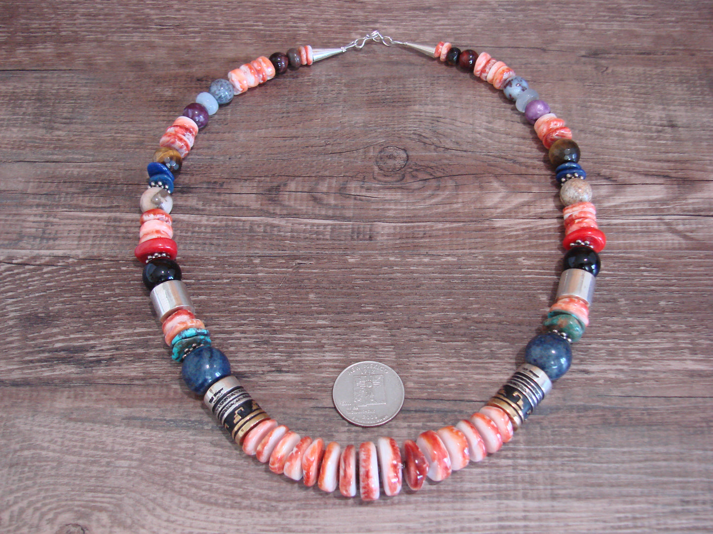 Native American Sterling Silver & Spiny Oyster 21" Gemstone Necklace by Singer