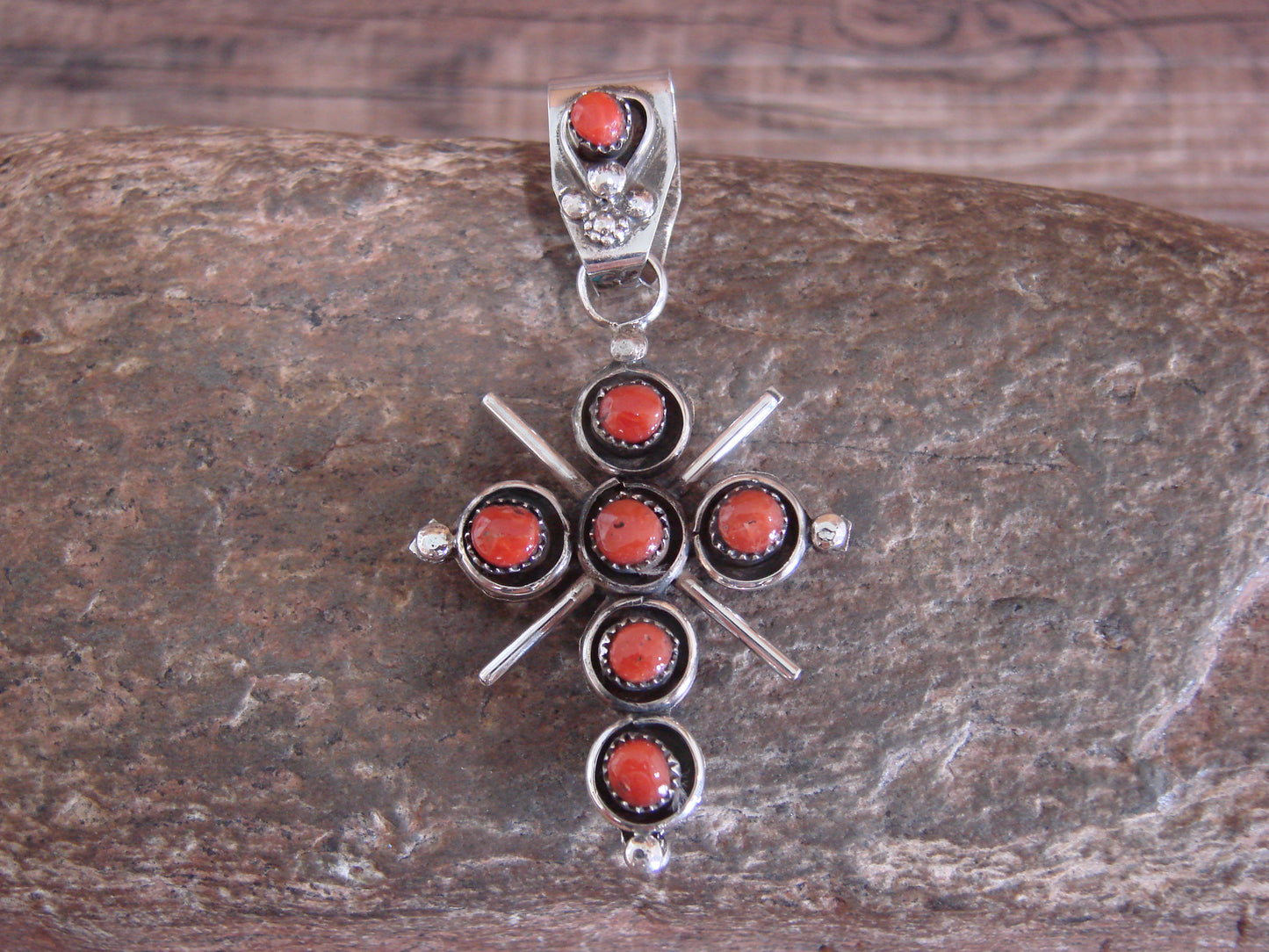 Native American Sterling Silver Reversible Turquoise & Coral Cross Pendant - Booqua