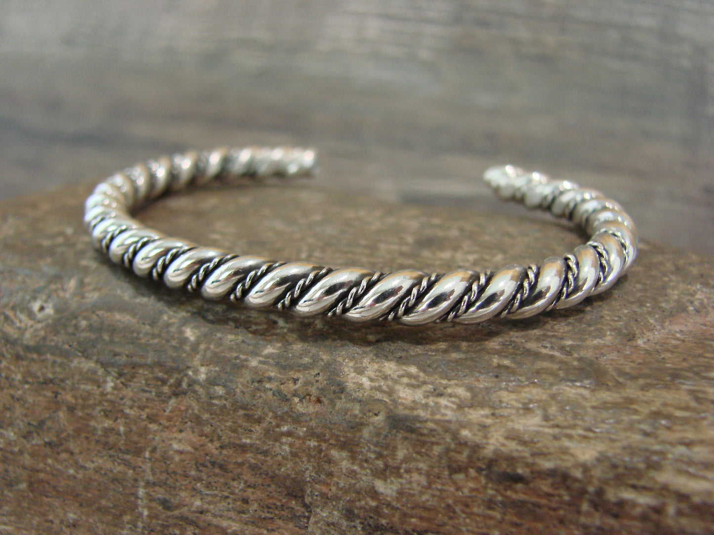 Native American Navajo Indian 3/16" Twisted Sterling Silver Bracelet by Tahe