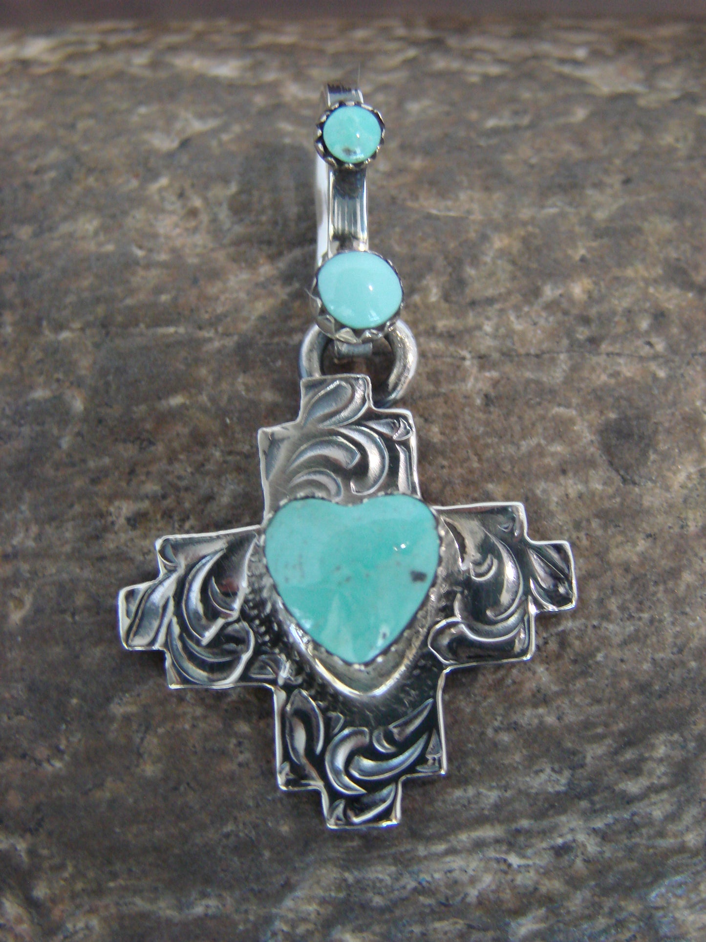Native American Sterling Silver & Turquoise Heart Zia Pendant by Lee