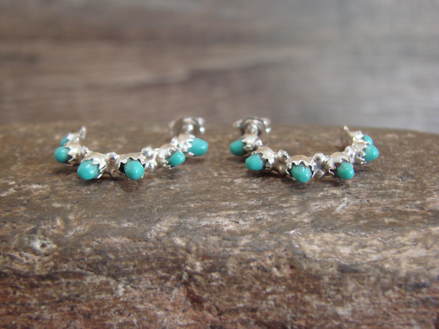 Native American Sterling Silver & Turquoise Half Hoop Earrings by Waseta