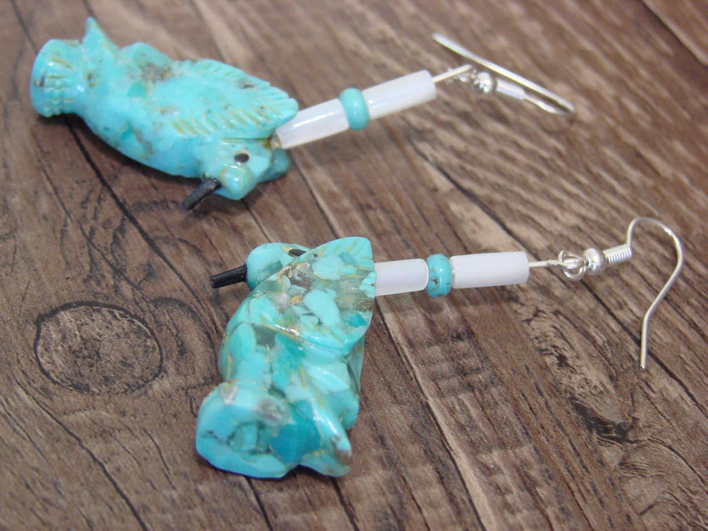 Native American Hand Carved Hummingbird Fetish Dangle Earrings - Laate