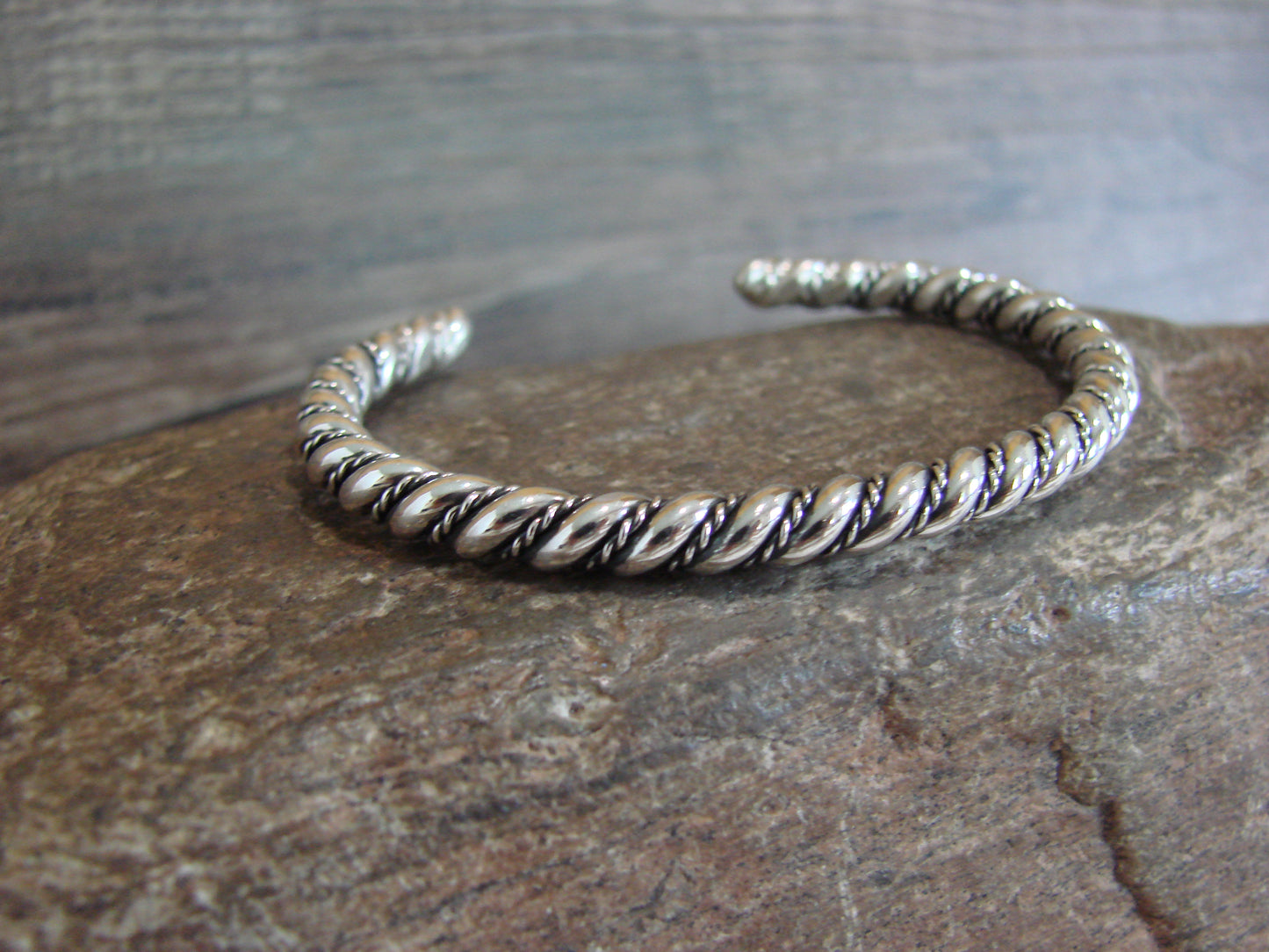 Native American Navajo Indian 3/16" Twisted Sterling Silver Bracelet by Tahe