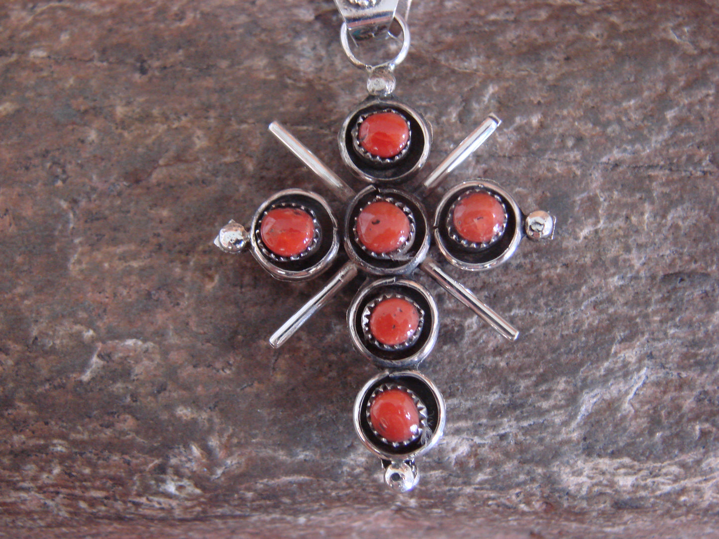 Native American Sterling Silver Reversible Turquoise & Coral Cross Pendant - Booqua