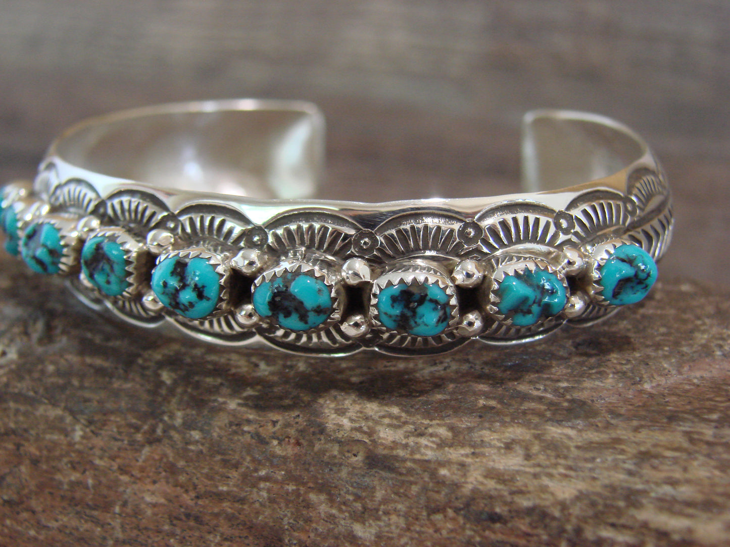Native American Sterling Silver & Turquoise Row Bracelet Signed GS