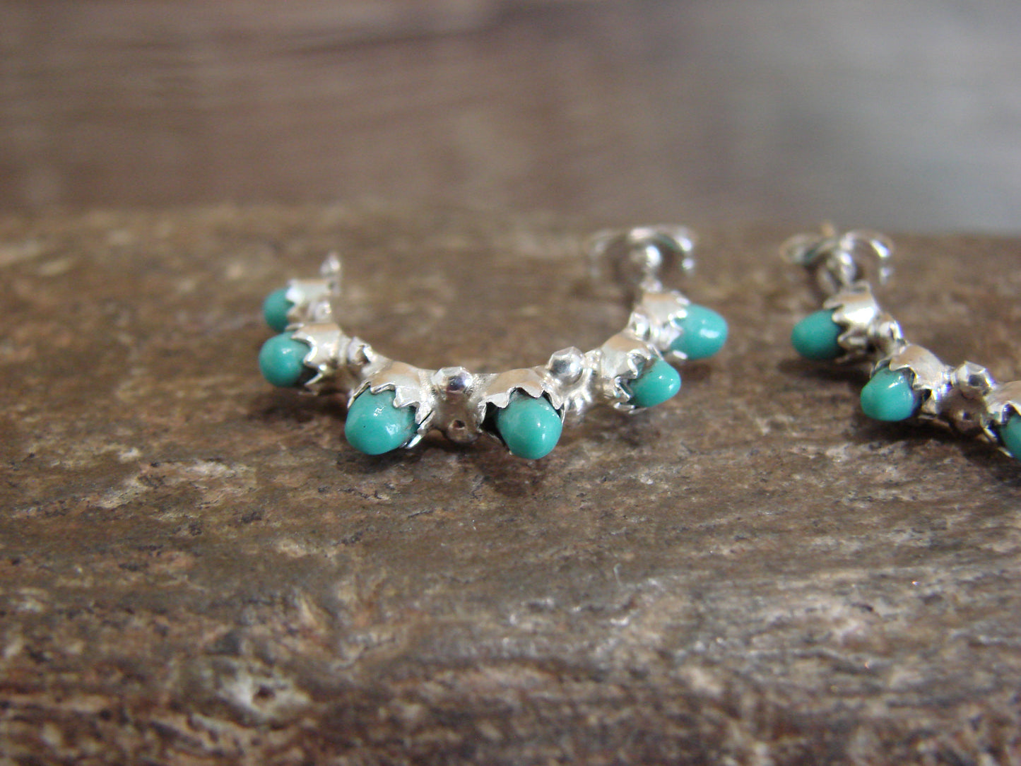 Native American Sterling Silver & Turquoise Half Hoop Earrings by Waseta