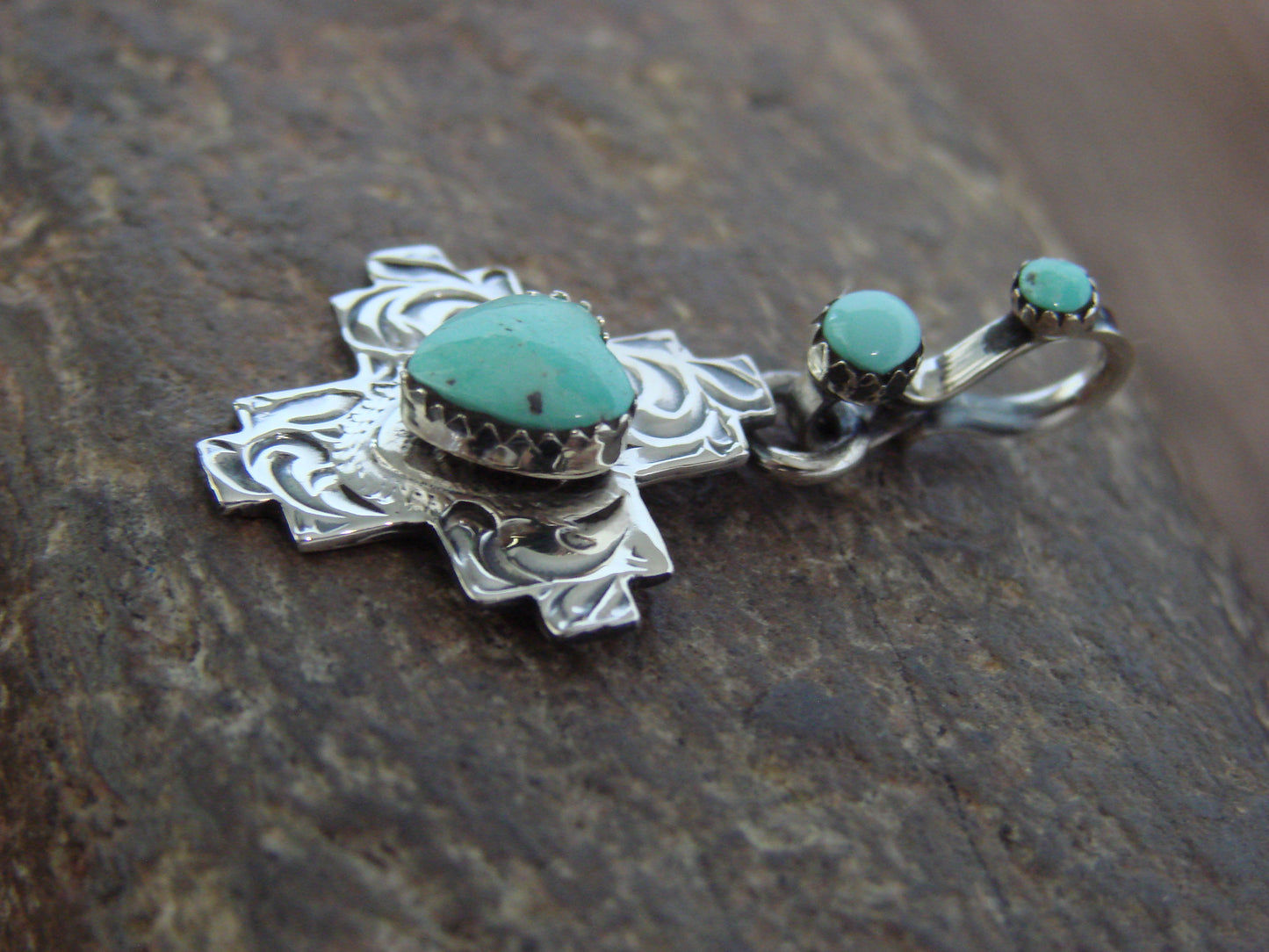 Native American Sterling Silver & Turquoise Heart Zia Pendant by Lee