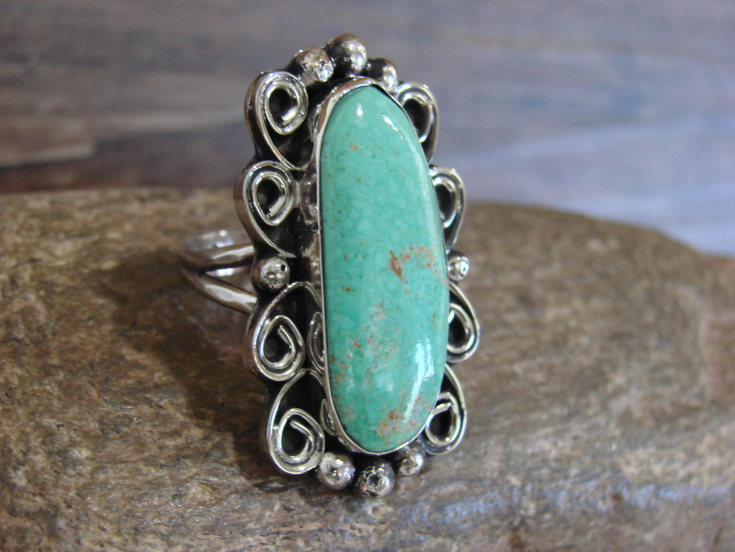 Native American Nickel Silver & Turquoise Ring by Cleveland - Size 10
