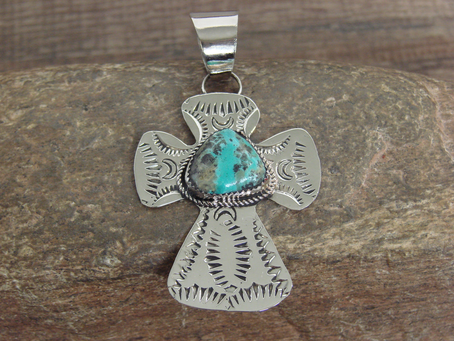 Native American Nickel Silver & Turquoise Cross Pendant - Cleveland