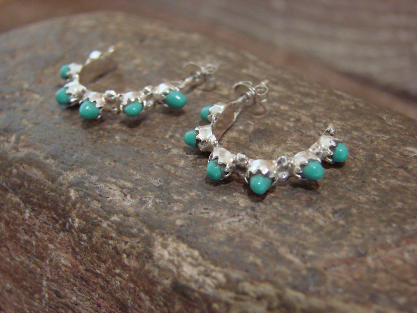 Native American Sterling Silver & Turquoise Half Hoop Earrings by Waseta